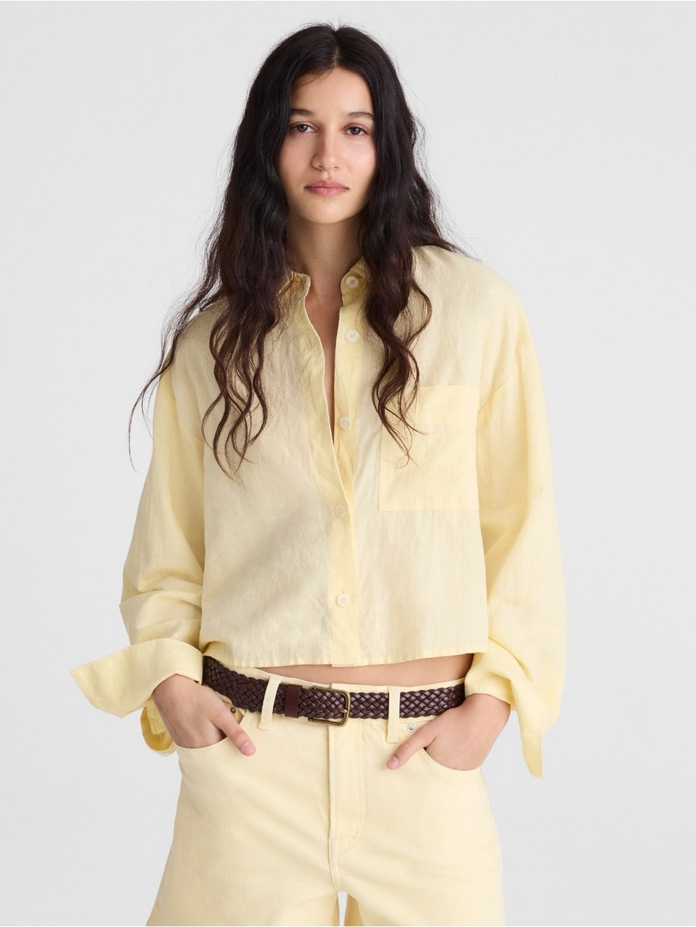 Madewell Pale Yellow Straight-Hem Cropped Button-Down Shirt Size S NWT